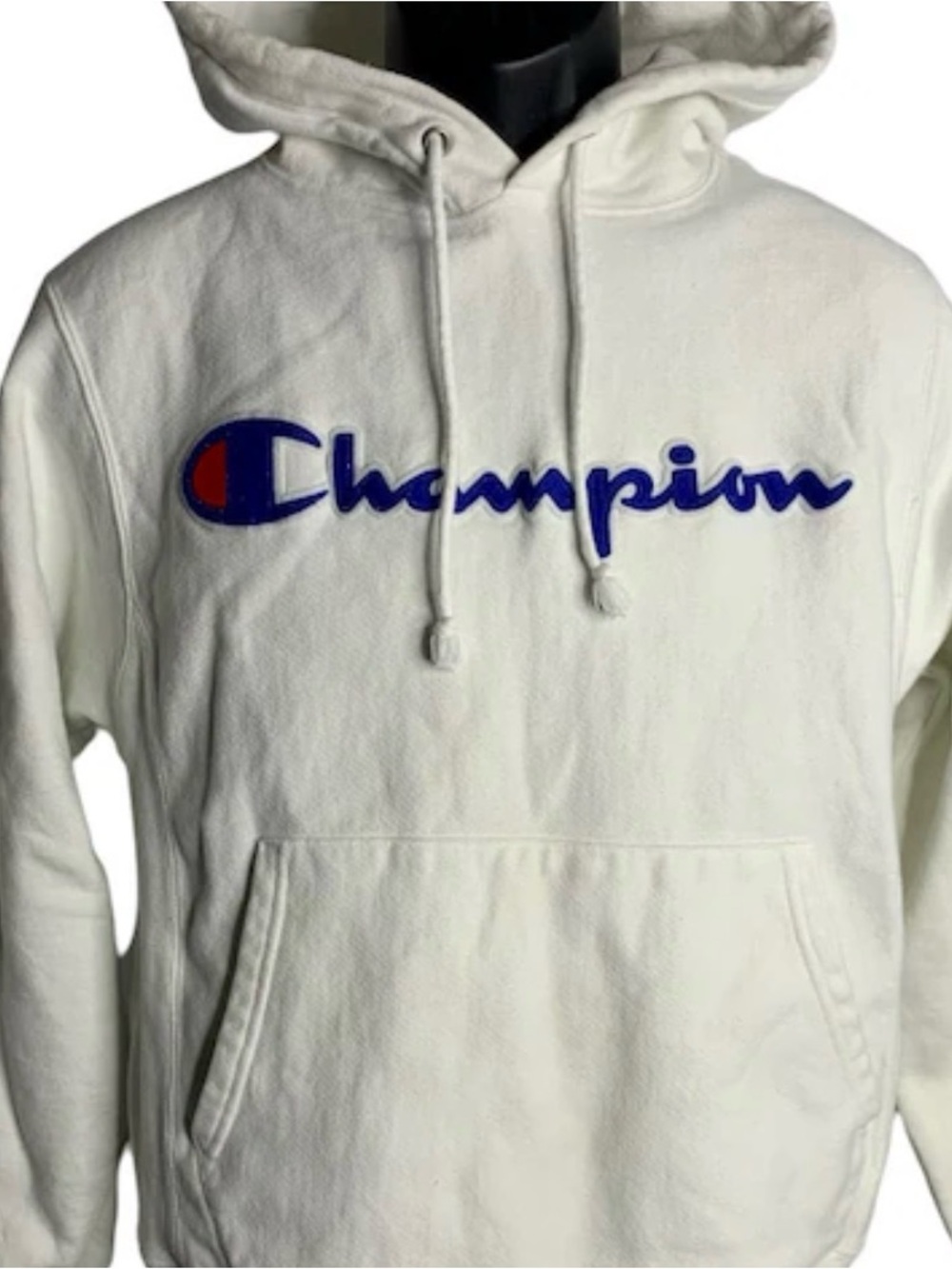 Champion Reverse weave Cream Pullover Hoodie with Blue & Red Script Logo